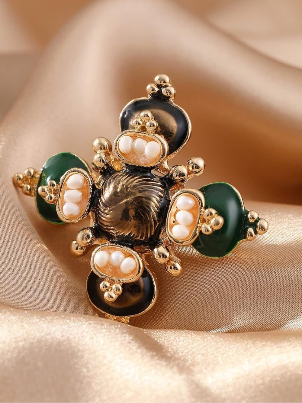 Anthropologie Gold-Tone Ring with Green & Black Enamel and Pearl Accents